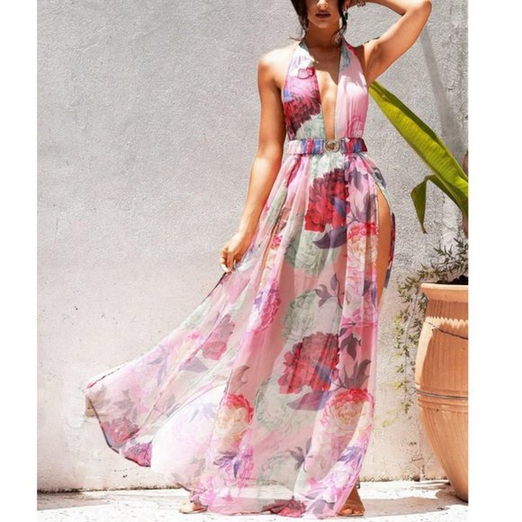Stunning Floral Plunging Neck Backless Split Thigh Chiffon Maxi Dress - Picture 5 of 7